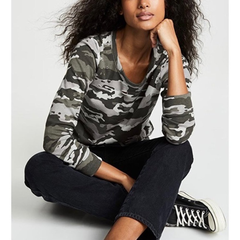 New CHASER Distressed Camo Pullover Sweatshirt